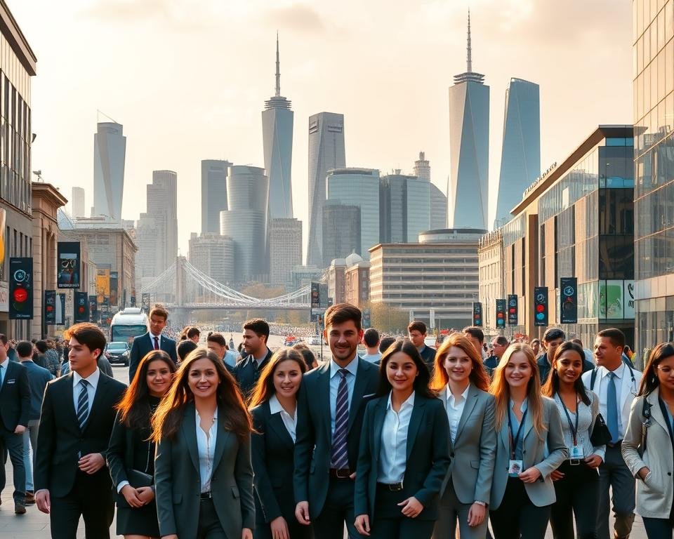 A panoramic view of the bustling streets of a vibrant UK city, showcasing the diverse industries that hire international students. In the foreground, a group of young, multinational professionals dressed in business attire, representing the thriving technology, finance, and healthcare sectors. In the middle ground, modern office buildings and research laboratories, symbols of the country's commitment to innovation and education. In the background, landmarks such as iconic bridges and skyscrapers, creating a sense of the UK's global stature. The scene is illuminated by a warm, golden light, conveying an atmosphere of opportunity and growth, reflecting the promise that the UK holds for international students seeking to launch their careers.