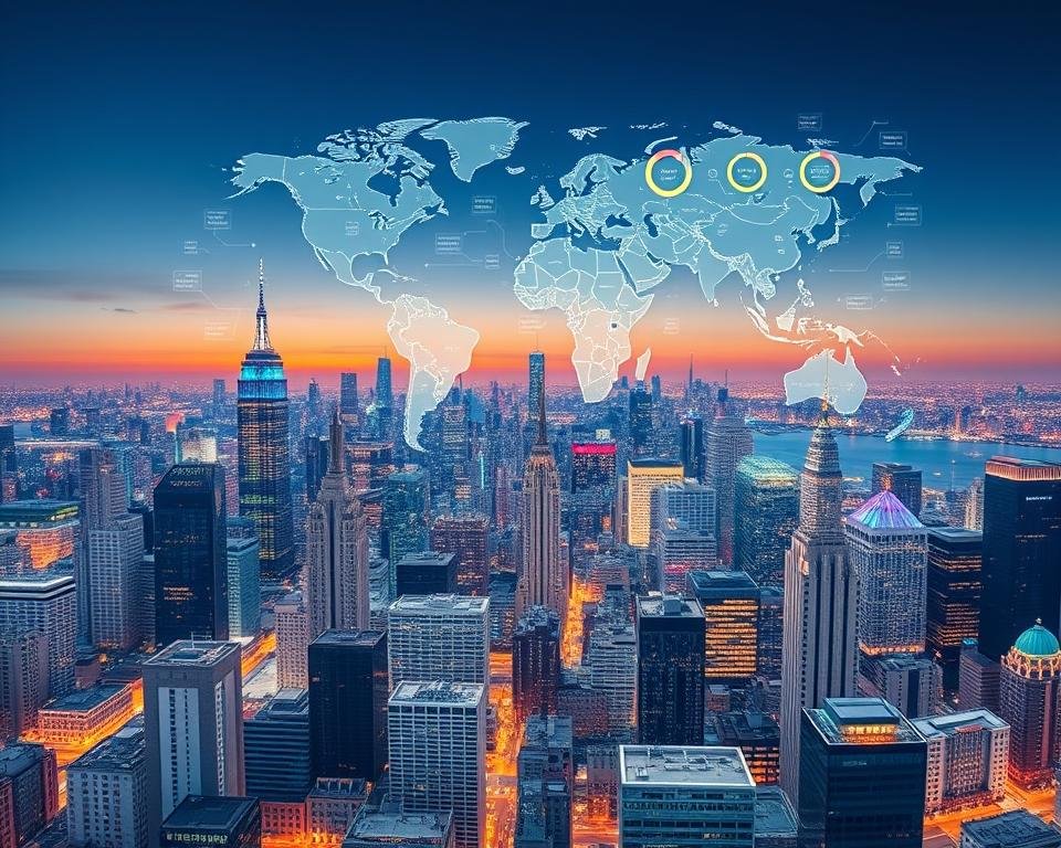 A panoramic view of the global job market, showcasing diverse employment trends and opportunities for international students. In the foreground, a bustling city skyline with towering skyscrapers and thriving businesses. In the middle ground, a mosaic of different occupations and industries, from tech and finance to healthcare and hospitality. In the background, a world map highlighting key regions and economies, pulsing with data visualizations and infographics. Vibrant colors, a dynamic composition, and a sense of movement and growth convey the dynamism and potential of the international job landscape.