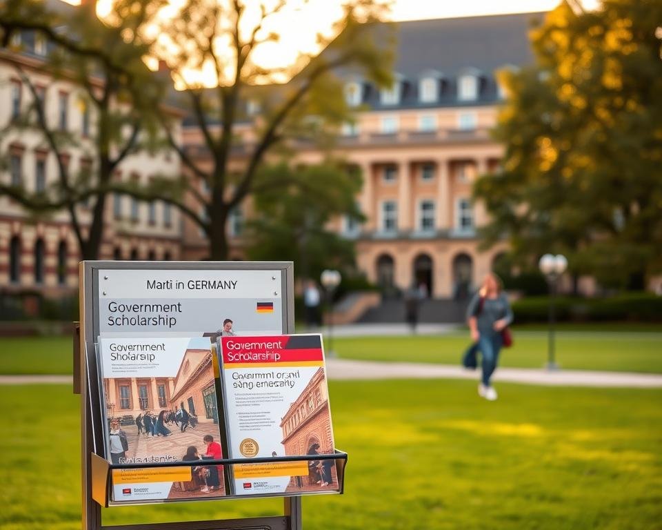 A peaceful campus scene, with a student walking across a lush green lawn, surrounded by stately university buildings bathed in warm, golden afternoon light. In the foreground, an information kiosk displays brochures on government scholarship opportunities in Germany, their vibrant colors and inviting imagery catching the student's eye. The background is softly blurred, emphasizing the focus on the scholarships and the importance of funding for international students seeking higher education in this renowned academic setting.