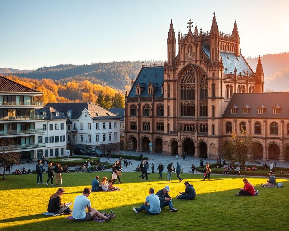 A picturesque German university campus with a mix of modern and historic architecture. In the foreground, students are gathered on the grassy quad, engaged in animated discussions and studying together under the warm, golden light of the afternoon sun. In the middle ground, a grand gothic-style library stands tall, its ornate facade suggesting a rich academic legacy. The background features the rolling hills and lush forests that characterize the stunning German countryside, hinting at the natural beauty that surrounds the campus. The overall scene conveys the vibrant student life, intellectual rigor, and inspiring environment that define the study abroad experience in Germany.