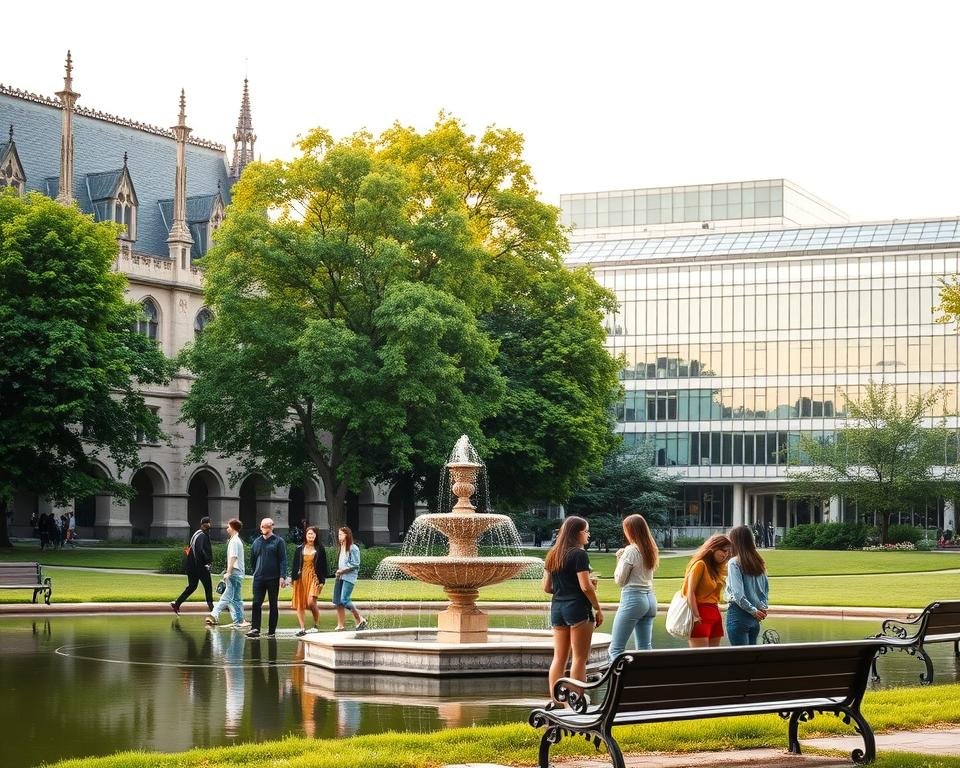A picturesque campus with stately Gothic-style buildings, surrounded by lush green trees and a serene pond. In the foreground, a group of international students converse animatedly, their diverse backgrounds reflected in their attire. The middle ground showcases an ornamental fountain and several benches where students study or relax. Soft, warm lighting bathes the scene, creating a welcoming and scholarly atmosphere. The background features a modern, glass-fronted administrative building, symbolizing the blend of tradition and innovation that defines the German academic landscape. Overall, the image conveys a sense of opportunity, community, and the pursuit of knowledge in a world-class educational setting.