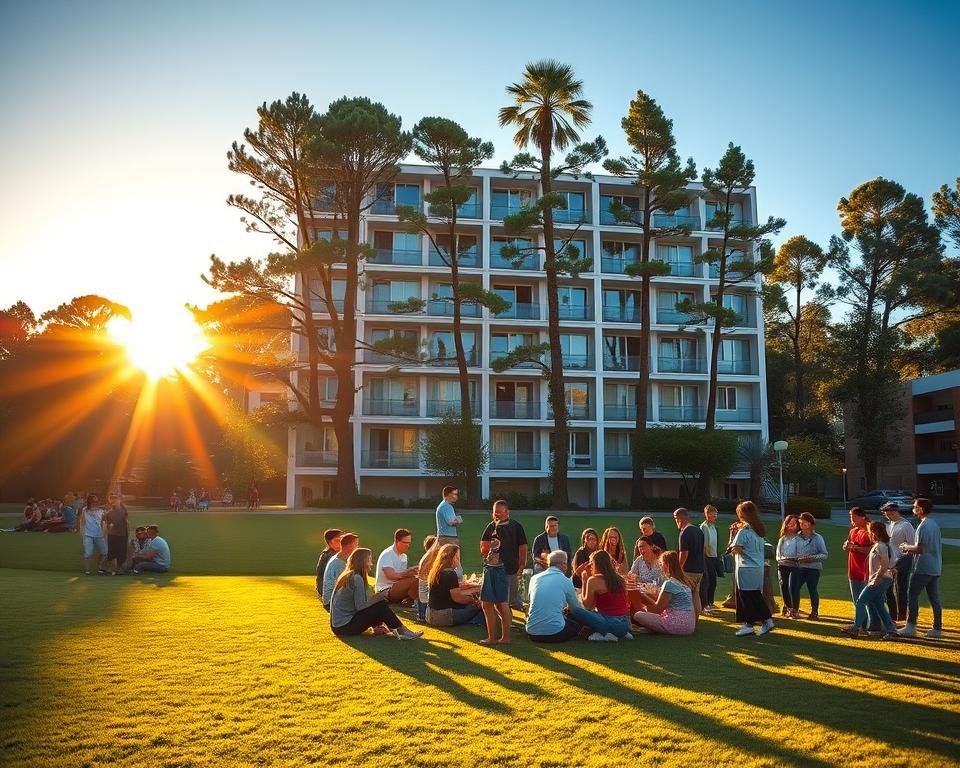 A picturesque international student housing complex, bathed in warm golden light from a setting sun. The foreground features a diverse group of students gathered on a lush, manicured lawn, engaged in lively conversation and sharing a meal. In the middle ground, a modern, multi-story building with clean architectural lines and large windows reflects the vibrant campus life within. The background showcases a backdrop of towering trees and a clear, azure sky, creating a serene and welcoming atmosphere. Crisp, high-resolution details capture the sense of community, comfort, and academic focus that defines the ideal international student housing experience.