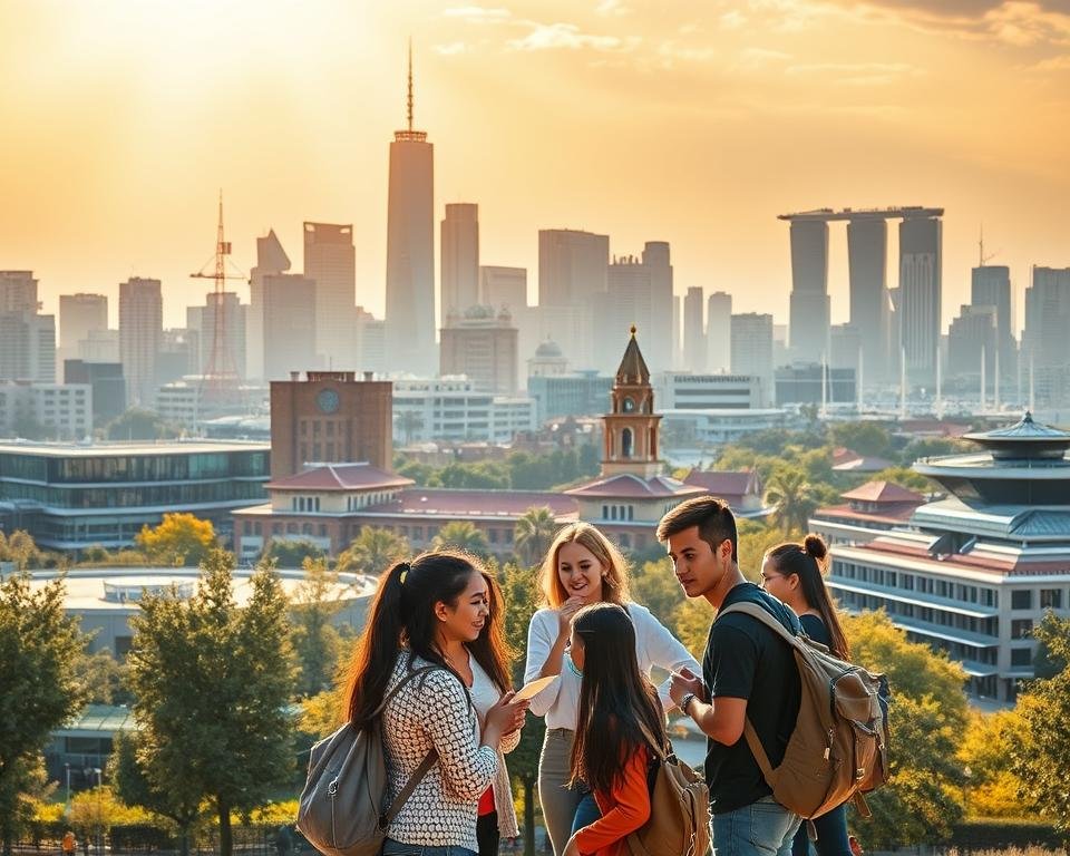 A picturesque university campus against a backdrop of vibrant cityscape, with international students engaged in lively discussions, exploring diverse cultures, and enriching their academic and personal experiences. Sunlight casts a warm glow, illuminating the sense of global community. In the foreground, a group of students from various nationalities collaborates on a project, sharing knowledge and perspectives. The midground showcases modern facilities, such as state-of-the-art libraries and laboratories, enabling students to thrive in their studies. The background features iconic landmarks, symbolizing the integration of local and international elements, creating a harmonious blend of the familiar and the exotic.