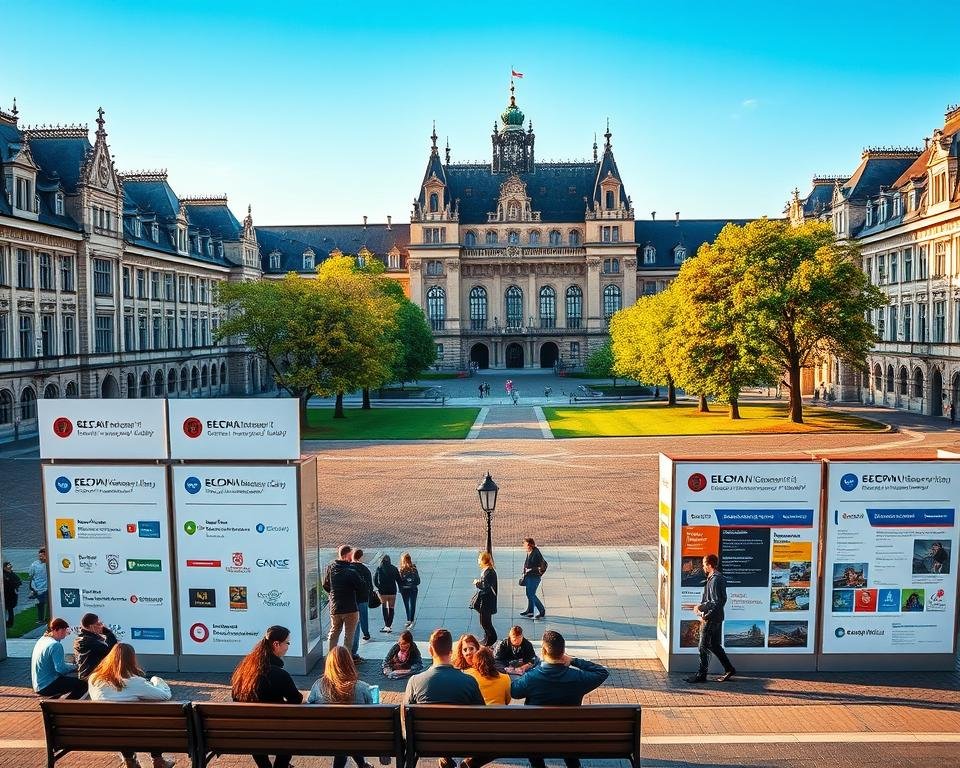 A picturesque university campus in Germany, with stately neo-Gothic buildings and a sprawling central quadrangle. In the foreground, students sit on benches, studying or chatting animatedly. In the middle ground, a cluster of information booths displays details about various scholarship programs, their logos and applications prominently featured. The background showcases a serene, tree-lined avenue leading to the main administrative building, its facade bathed in warm, golden light. An atmosphere of academic rigor and intellectual vibrancy permeates the scene, inviting prospective students to explore the abundant scholarship opportunities available in this esteemed German institution.