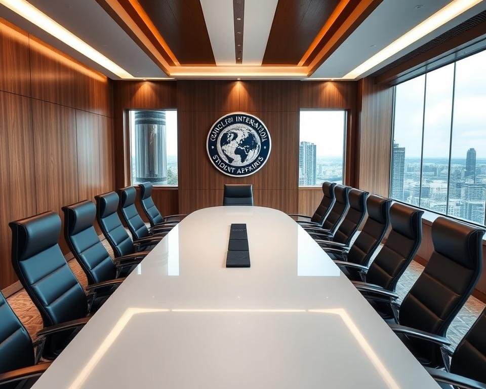A prestigious meeting room with a sleek, modern design. A large oval conference table dominates the space, surrounded by high-backed leather chairs. The walls are adorned with elegant wood paneling, casting a warm glow under the soft, recessed lighting. A large window offers a panoramic view of the bustling city skyline outside. At the head of the table, the UK Council for International Student Affairs seal is prominently displayed on the wall, reflecting the organization's authority and influence. The atmosphere is one of professionalism and gravitas, setting the stage for important discussions and decisions regarding the welfare of international students in the UK.