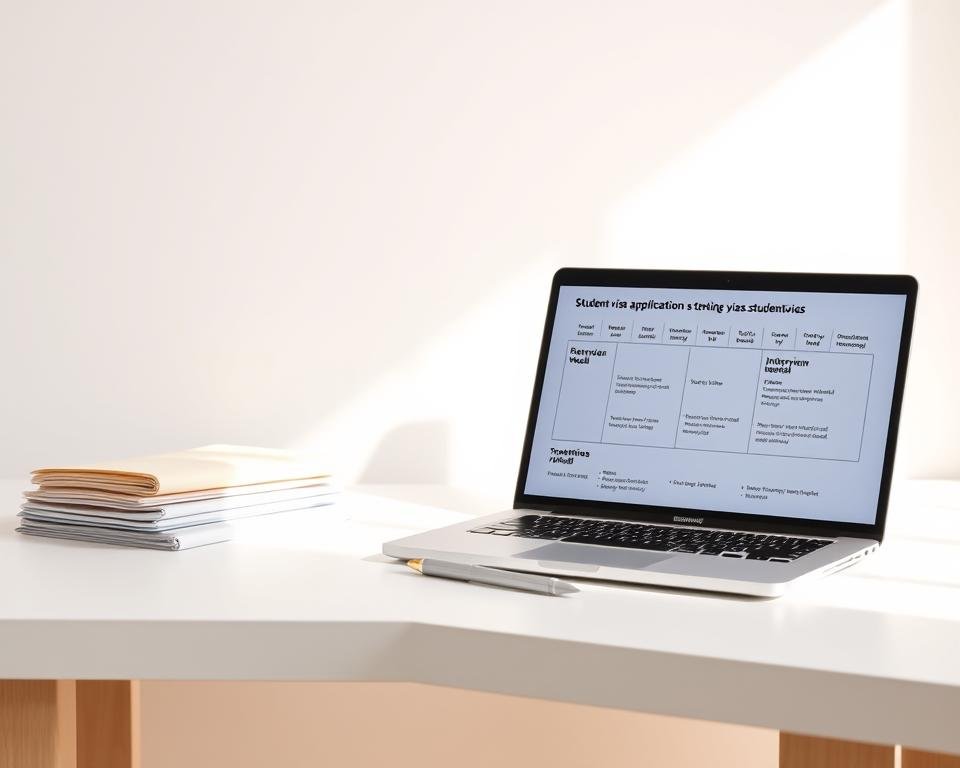 A pristine white desk against a clean, minimalist background. On the desk, a stack of folders, a pen, and a laptop displaying a timeline of events related to student visa application. The timeline is clearly marked with key milestones, such as document submission, interview scheduling, and visa approval. Soft, natural lighting casts a warm glow, creating a sense of clarity and organization. The image conveys a methodical, step-by-step approach to navigating the student visa process, with a focus on understanding the timeline and deadlines.