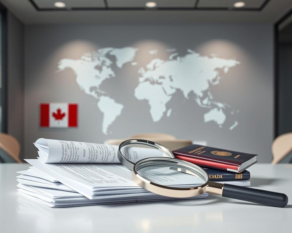 A professional and informative image depicting the key aspects of Canadian study permits for international students. The foreground showcases a stack of official documents, passports, and a magnifying glass, symbolizing the attention to detail required. The middle ground features a world map, emphasizing the global reach of international education, with Canada highlighted. The background presents a modern, minimalist office setting with clean lines and muted tones, conveying a sense of efficiency and professionalism. The lighting is soft and directional, creating depth and highlights the important elements. The overall mood is one of clarity, organization, and the importance of navigating the Canadian study permit process.