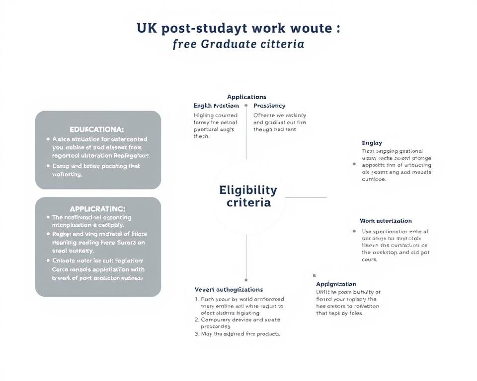 A professional, clean, and crisp diagram showcasing the eligibility criteria for the UK post-study work visa (Graduate Route). A white background with a minimalist design, featuring various icons and infographic elements to highlight the key requirements such as educational qualifications, English proficiency, timeline, and work authorization. The layout should be well-organized, easy to comprehend, and visually appealing, conveying the necessary information in a concise manner.