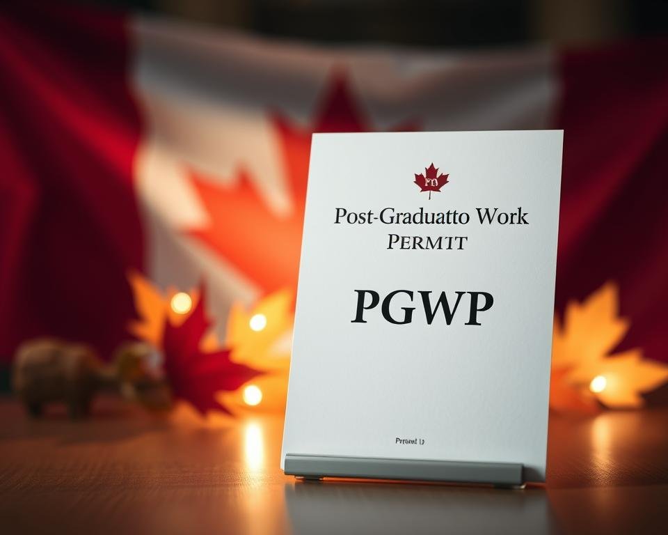 A professional, elegant document showcasing the "Post-Graduation Work Permit" (PGWP) against a blurred background of the Canadian flag. The permit is displayed in the foreground, illuminated by soft, warm lighting that casts a subtle glow. The middle ground features a tasteful arrangement of maple leaves, symbolizing Canada's national identity. The background is out of focus, creating a sense of depth and emphasizing the focal point of the permit. The overall composition conveys the importance and prestige of the PGWP, a crucial step towards permanent residency in Canada after completing one's studies.
