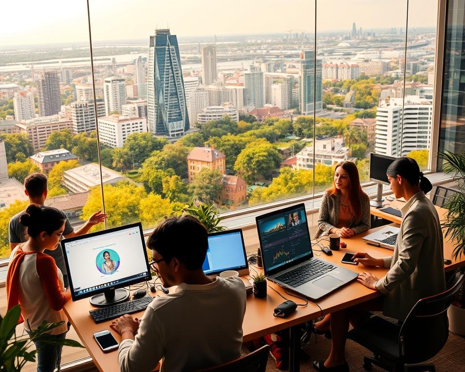 A remote work hub in Germany, showcasing diverse career opportunities. In the foreground, professionals engaged in virtual meetings, coding, and creative tasks. Behind them, a panoramic cityscape of modern architecture and lush greenery, reflecting the country's technological innovation and work-life balance. Warm lighting casts a cozy glow, creating an atmosphere of productivity and tranquility. Angles and perspectives shift to highlight the breadth of remote jobs, from business analysis to graphic design. The scene captures the flexibility, collaboration, and global connectivity that define the remote work landscape in Germany.