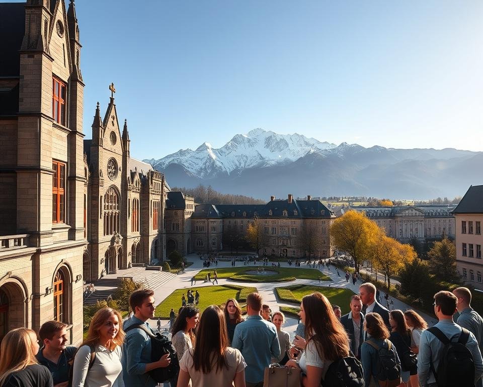 A scenic view of a modern university campus in Germany, bathed in warm afternoon sunlight. In the foreground, a group of diverse students engaged in lively discussion, their faces alight with enthusiasm. In the middle ground, grand neo-gothic architecture frames a lush, verdant courtyard, where students stroll leisurely. In the background, the iconic German Alps rise majestically, their snow-capped peaks piercing the azure sky. An atmosphere of intellectual vibrancy, cultural richness, and natural beauty conveys the many benefits of studying in this picturesque European nation.