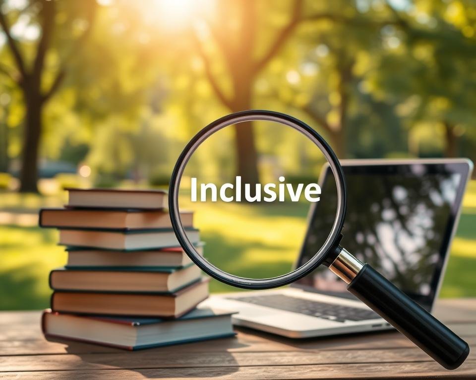A serene academic setting, bathed in warm natural light, showcases a stack of books and a laptop, symbolizing the pursuit of knowledge without language barriers. In the foreground, a magnifying glass highlights the inclusive message, underscoring the accessibility of educational opportunities. The background depicts a tranquil, park-like environment, with lush greenery and a clear sky, evoking a sense of openness and opportunity. The overall composition conveys an atmosphere of inclusivity, where diverse learners can thrive and achieve their academic dreams.
