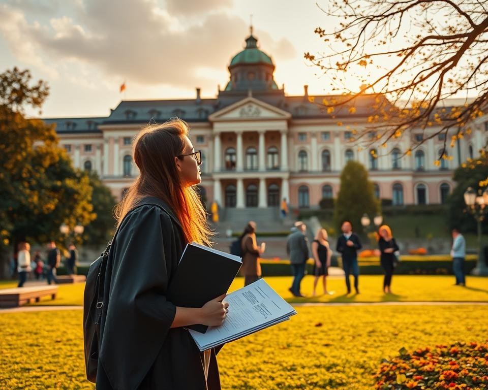A serene academic setting in Germany, with a grand university building in the background, illuminated by warm, golden sunlight. In the foreground, a PhD student stands thoughtfully, holding research papers, symbolizing the depth of knowledge and expertise gained through the doctoral journey. The middle ground features a lush, verdant campus, with students engaged in discussion, showcasing the vibrant intellectual community. The atmosphere conveys a sense of contemplation, achievement, and the profound significance of pursuing a PhD in this esteemed academic environment.