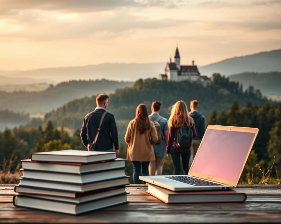 A serene and elegant composition depicting various types of scholarships available in Germany. In the foreground, a stack of books and a laptop symbolize academic pursuits, while in the middle ground, a group of diverse students stand before a backdrop of the iconic German landscape, including rolling hills, dense forests, and the silhouette of a castle in the distance. The scene is illuminated by warm, diffused lighting, creating a contemplative and inspiring atmosphere. Technical details include a shallow depth of field, a wide-angle lens, and a cinematic aspect ratio to capture the grandeur of the setting. The overall mood evokes a sense of opportunity, potential, and the richness of German academic and cultural heritage.