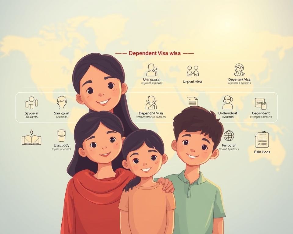 A serene and informative illustration of dependent visa options for international student families. In the foreground, a warm-toned portrait of a family - a couple with two children - representing the diverse backgrounds of international students. In the middle ground, a series of icons and graphical elements showcasing key visa types, such as spousal, child, and dependent visas. The background features a soft, blurred world map, symbolizing the global nature of international student mobility. Subtle lighting casts a welcoming glow, creating an atmosphere of understanding and guidance. Captured with a wide-angle lens to convey a sense of inclusivity and approachability.