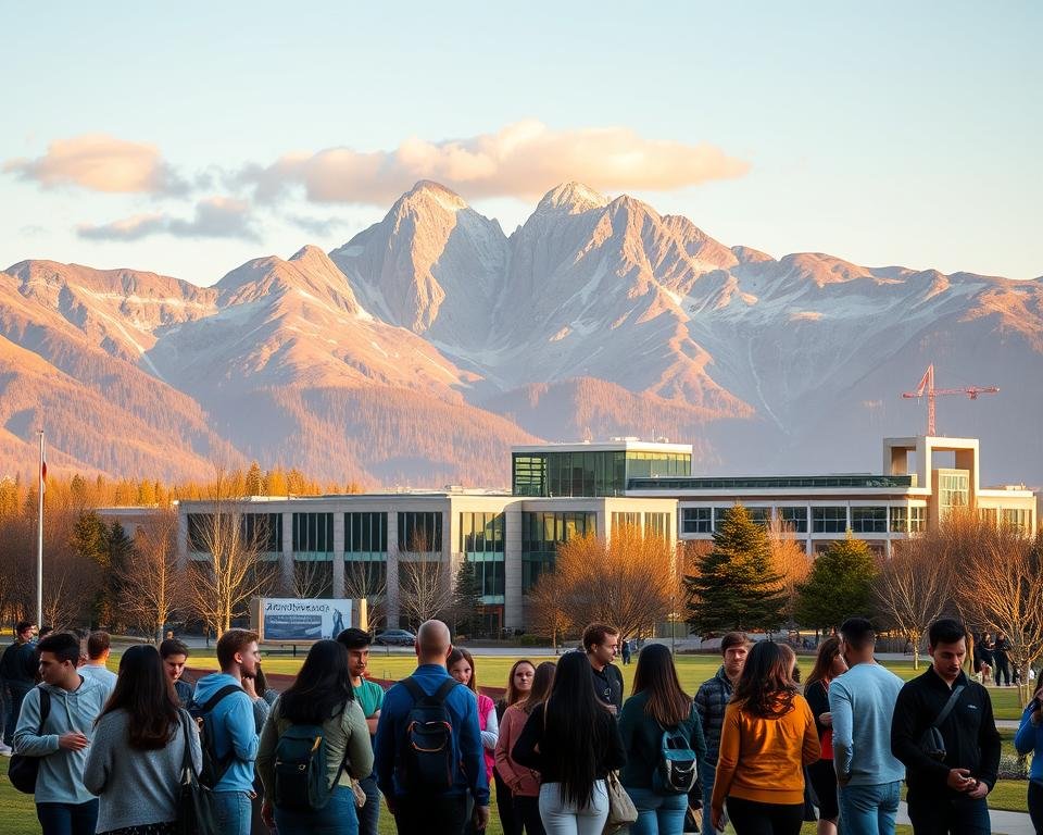 A serene campus scene set against a backdrop of majestic mountains and a cloudless sky. In the foreground, a diverse group of students engage in lively discussion, representing the vibrant community of a top-tier Canadian university. The middle ground features modern, architecturally striking academic buildings, conveying a sense of intellectual rigor and innovation. Warm, golden lighting bathes the scene, creating a welcoming and inspiring atmosphere. The composition is balanced, with the students' energy juxtaposed against the tranquil natural setting, showcasing the perfect harmony between academic excellence and quality of life that distinguishes the finest universities in Canada.