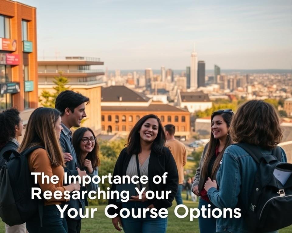 A serene campus setting, showcasing the diverse course options available for students seeking to study in Australia. In the foreground, a group of students engaged in animated discussion, their expressions conveying a sense of curiosity and determination. The middle ground features a mix of modern and heritage-style buildings, with signage indicating various academic disciplines. In the background, a panoramic view of the city skyline, hinting at the vibrant atmosphere and opportunities that await. Warm lighting casts a welcoming glow, evoking a sense of intellectual pursuit and personal growth. The overall scene emphasizes the importance of thorough course research, capturing the essence of the "The Importance of Researching Your Course Options" section.