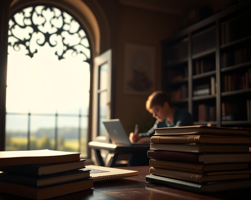 A serene, dimly lit study with warm lighting. In the foreground, a stack of books and a laptop, symbolizing academic pursuits. The middle ground features a student sitting at a desk, intently studying, their face partially illuminated, conveying focus and dedication. In the background, a large, ornate window overlooks a scenic landscape, hinting at the broader opportunities that scholarships can provide. The overall atmosphere is one of contemplation, academic rigor, and the transformative potential of educational funding.