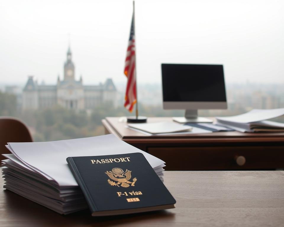 A serene, formal setting with muted tones showcasing the key requirements for a USA student visa (F-1 visa). In the foreground, a stack of official-looking documents and a passport with an F-1 visa stamp. In the middle ground, an American flag and a silhouette of a university campus against a hazy, overcast sky. In the background, a weathered wooden desk with a desktop computer and scattered notes, conveying a sense of diligence and attention to detail. The lighting is soft and even, creating a professional, bureaucratic atmosphere. The overall composition suggests the meticulous process and preparation needed to obtain a US student visa.