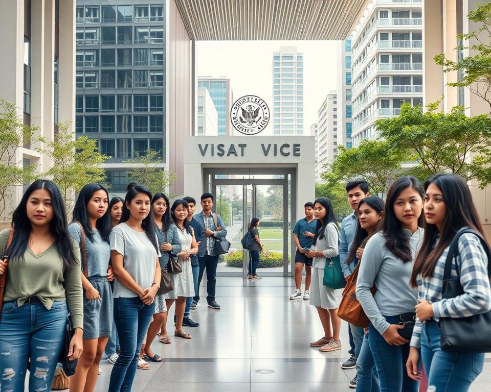 A serene, modern university campus with a focus on the central student visa office. The foreground features a group of diverse international students standing in a line, their faces expressing a mix of anticipation and anxiousness as they wait to submit their visa applications. The middle ground showcases the visa office entrance, adorned with sleek signage and a prominent seal, conveying a sense of official authority. In the background, the campus architecture blends seamlessly, with towering academic buildings and lush green spaces, reflecting the importance of education and global connectivity. The lighting is soft and natural, creating a sense of professionalism and gravity around the visa process. The overall composition emphasizes the crucial role of the student visa in unlocking educational and professional opportunities for aspiring global scholars.