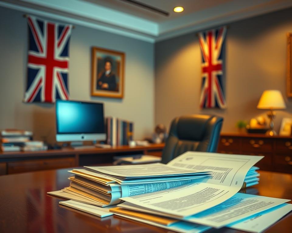 A serene, official-looking office interior with a wooden desk, a computer monitor, and a UK flag hanging on the wall. In the foreground, official-looking documents and paperwork neatly arranged, hinting at the intricacies of the UK student visa application process. Warm, directional lighting casts a professional glow, highlighting the gravity of the subject matter. The overall atmosphere conveys a sense of diligence, attention to detail, and the importance of navigating the UK student visa requirements (Student Route) successfully.