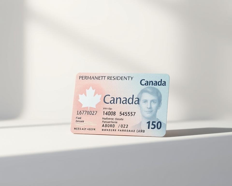 A serene, realistic rendering of a Canadian permanent residency document. Set against a soft, muted background, the main focus is a detailed, vividly detailed image of the front cover of a Canadian permanent resident card. The card is rendered with intricate textures, holographic security features, and a subtle maple leaf watermark. The lighting is natural, with gentle highlights and shadows accentuating the tactile quality of the document. The composition places the card centrally, with ample negative space to convey a sense of importance and authority. The overall mood is one of official, government-issued legitimacy and permanence, reflecting the significance of permanent residency status in Canada.