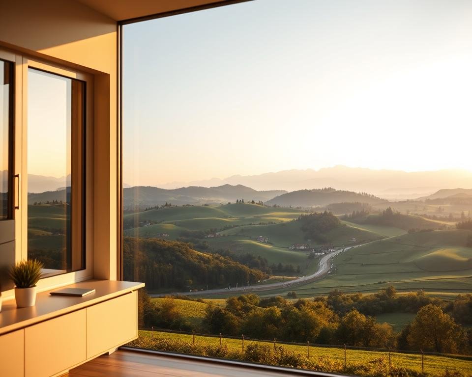 A serene remote work landscape in Germany. In the foreground, a modern, minimalist home office with a large window overlooking a lush, rolling countryside. The middle ground features undulating hills dotted with quaint villages and winding roads. In the distance, the majestic silhouettes of the Bavarian Alps rise against a soft, golden-hued sky. Warm, diffused natural lighting filters through the scene, creating a tranquil, contemplative atmosphere. The overall composition conveys a sense of peaceful productivity, where the beauty of the German landscape seamlessly integrates with the flexibility of remote work.