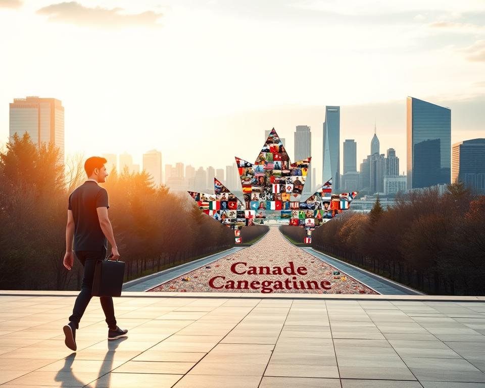 A serene scene showcasing the benefits of the Canada Post-Graduation Work Permit (PGWP) for international students. In the foreground, a young professional strides confidently, briefcase in hand, symbolizing the career opportunities afforded by the PGWP. In the middle ground, a maple leaf-shaped mosaic represents the path to permanent residence, while the background depicts the iconic skyline of a major Canadian city, hinting at the vibrant multicultural landscape. Soft, warm lighting creates an inviting atmosphere, conveying the sense of security and prosperity associated with the PGWP program.