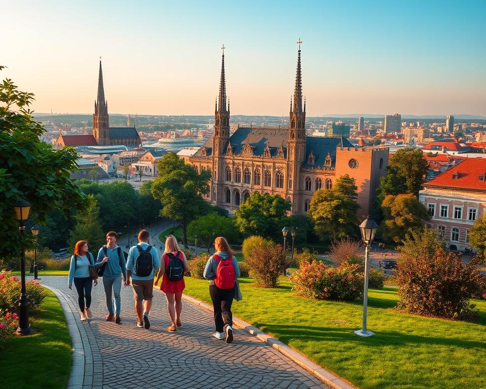 A serene study abroad scene in Germany, showcasing a lush university campus. In the foreground, a group of international students stroll along a picturesque cobblestone path, their backpacks and books in hand. The middle ground features a grand neo-Gothic building with intricate stonework and towering spires, surrounded by vibrant greenery. In the background, a panoramic view of the city skyline, with iconic church steeples and modern high-rises, all bathed in warm, golden-hour lighting. The overall mood is one of academic achievement, global connectivity, and the promise of educational opportunity.