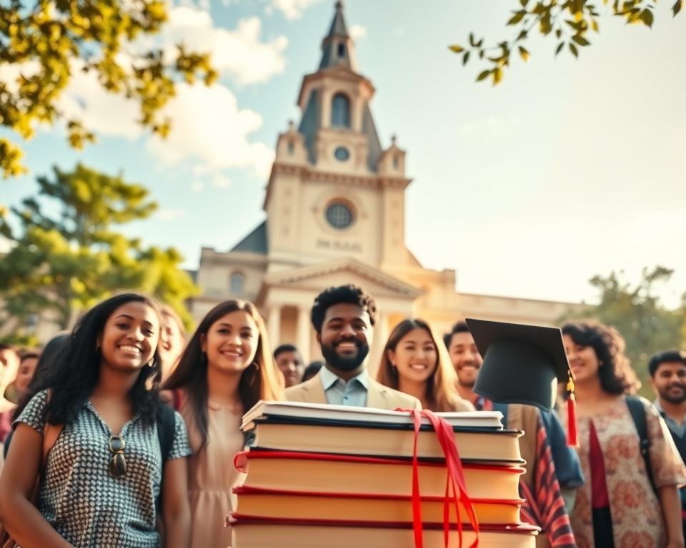 A serene, sun-drenched campus setting with a group of diverse international students, their faces alight with hope and gratitude, standing before a towering, ornate university building. In the foreground, a stack of books and a mortar board symbolize the transformative power of education. Soft, diffused lighting casts a warm, inviting glow, conveying the profound importance of scholarships that enable these students to pursue their academic dreams and unlock a world of opportunities.