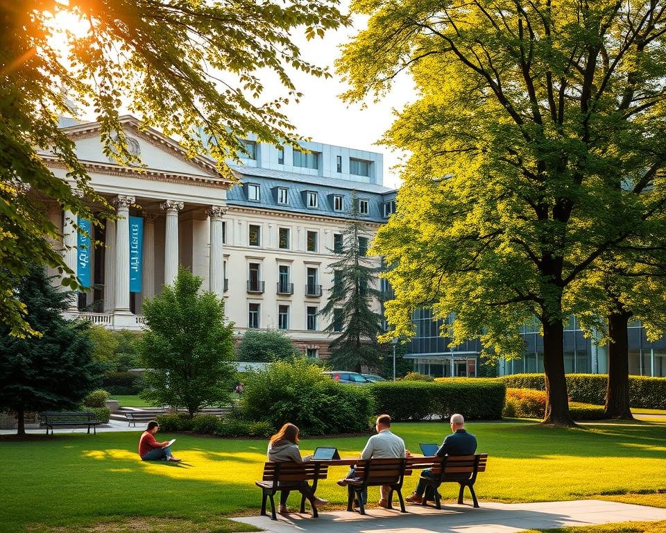 A serene university campus in Germany, with a grand neoclassical library dominating the foreground. Lush, verdant greenery surrounds the building, creating a peaceful, contemplative atmosphere. In the middle ground, students gather on benches, laptops and books in hand, discussing their research. The background features modern, glass-and-steel PhD research facilities, with signage indicating various scholarship opportunities. Warm, golden sunlight filters through the trees, casting a soft, inviting glow over the entire scene. The overall impression conveys the intellectual vibrancy and supportive environment of pursuing a PhD in Germany.