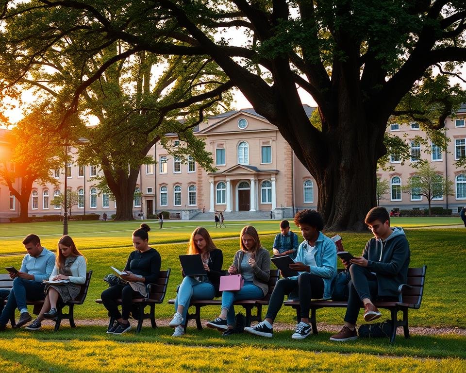 A serene university campus in Germany, with manicured lawns, towering oak trees, and a grand, historic building in the background. In the foreground, a group of diverse students sit on park benches, poring over books and laptops, their expressions filled with focus and determination. Soft, warm lighting from the setting sun bathes the scene, creating a sense of opportunity and possibility. The overall atmosphere conveys the notion of fully funded scholarships, where talented individuals from around the world can pursue their academic dreams in a supportive, well-resourced environment.