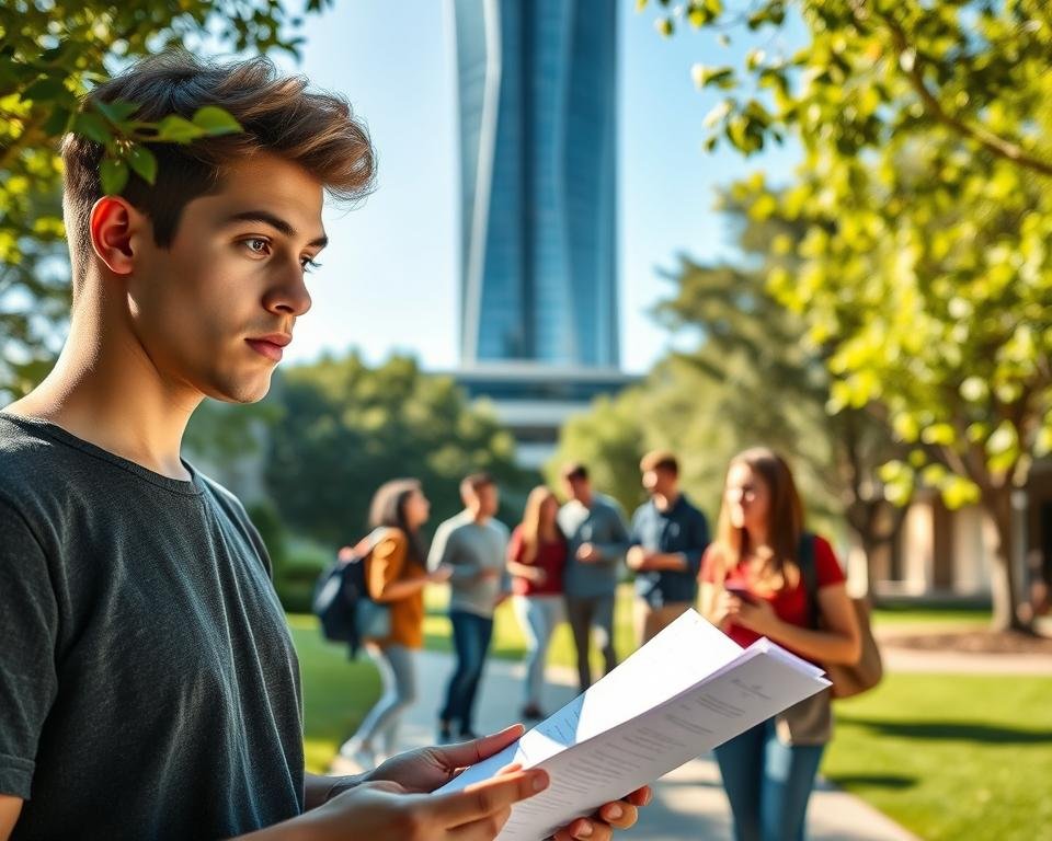 A serene university campus with modern architecture and lush greenery. In the foreground, a young student examines a document, their expression contemplative as they navigate the intricacies of the Australia student visa application process. The middle ground features a group of diverse students, engaged in animated discussion, sharing their experiences and insights. In the background, a towering glass-and-steel building symbolizes the academic excellence and global aspirations of the institution. The scene is bathed in warm, natural lighting, conveying a sense of hope and opportunity that international students can expect when pursuing their educational dreams in Australia.