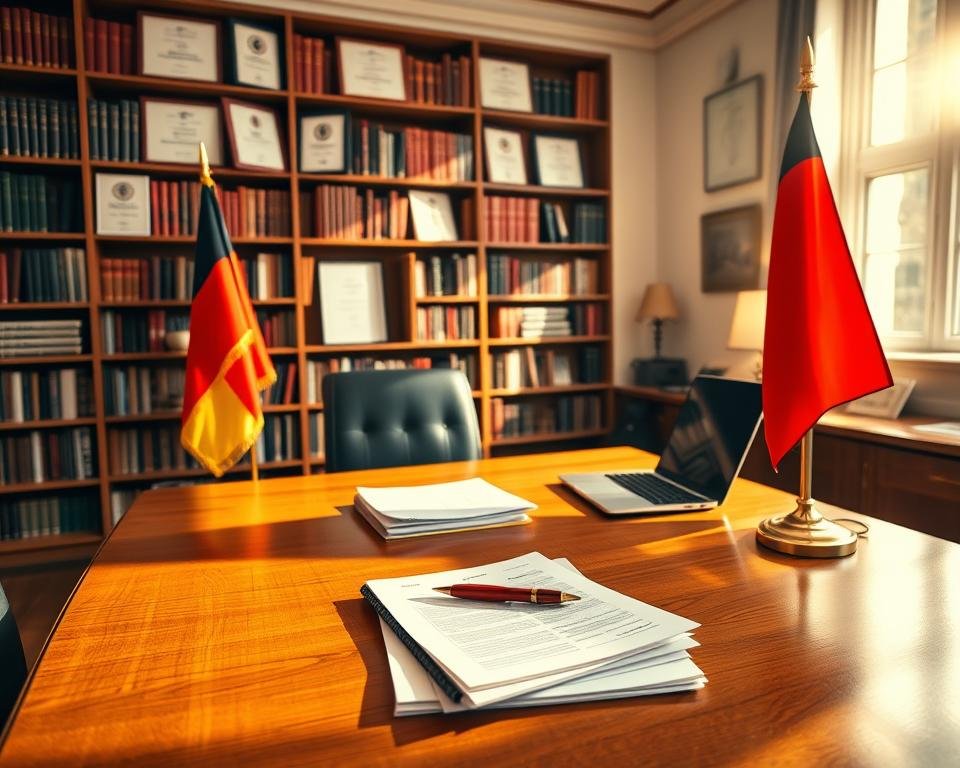 A serene, well-lit office space with a large wooden desk and a German flag prominently displayed. On the desk, a stack of scholarship application documents, a laptop, and a pen resting on top. Warm, natural lighting floods the room, creating a inviting, professional atmosphere. In the background, bookshelves filled with academic texts and certificates hang on the walls, suggesting an environment of learning and opportunity. The overall scene conveys the idea of a DAAD scholarship program, with the German flag and academic accoutrements highlighting the prestige and rigor of the funding opportunities available.