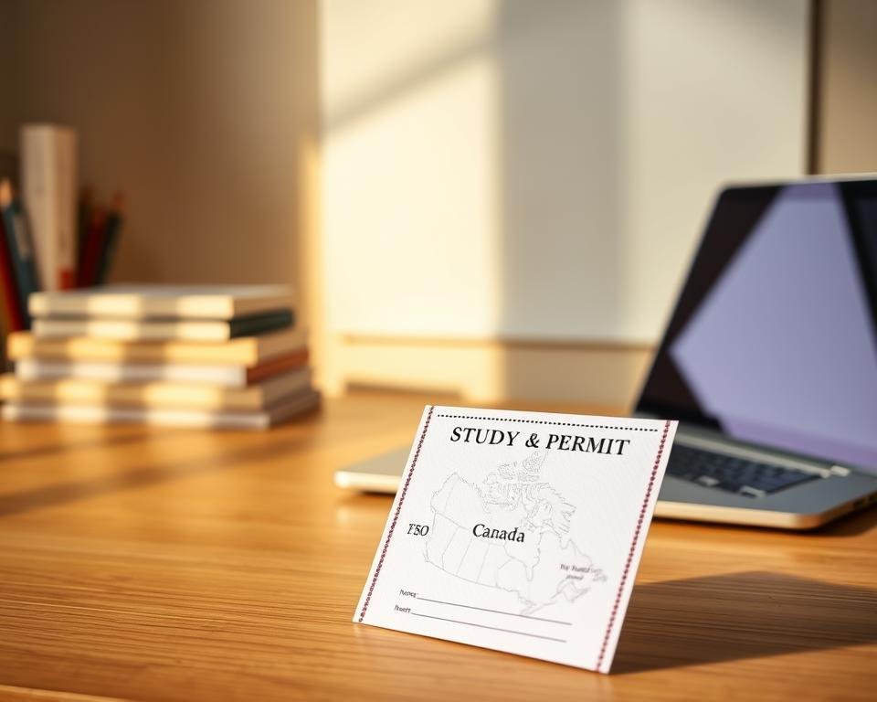 A serene, well-lit study space with a wooden desk, a laptop, and a stack of books. In the foreground, a study permit document takes center stage, symbolizing its importance for international students in Canada. The background features a map of Canada, conveying the country's educational opportunities. Warm, natural lighting casts a inviting glow, creating a contemplative atmosphere. The composition emphasizes the study permit's role in enabling academic pursuits, with a clean, minimalist aesthetic that reflects the organized, focused nature of the subject matter.