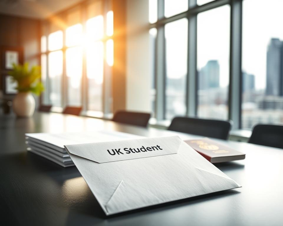 A sleek and modern office desk, its surface adorned with a stack of official-looking documents and a UK passport. In the foreground, a crisp, white envelope labeled "UK Student Route Visa" stands out, its corners casting subtle shadows. Sunlight streams in through large windows, illuminating the scene with a warm, professional glow. The background features a blurred cityscape, hinting at the cosmopolitan nature of the UK educational experience. The overall mood is one of focused professionalism, reflecting the importance and formality of the student visa application process.