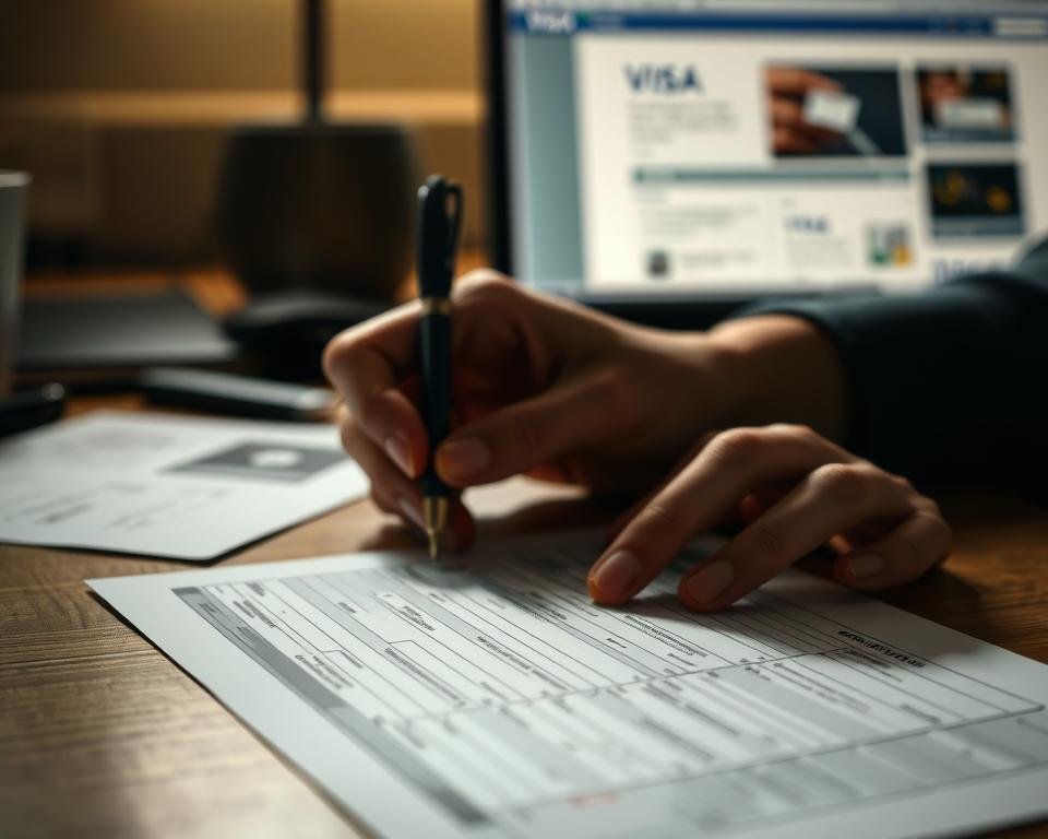 A softly lit, close-up view of a person's hands carefully filling out a detailed visa application form on a wooden desk. The form is prominently displayed, with various sections and fields visible. In the background, a laptop or computer displays relevant visa information, creating a workspace atmosphere. The lighting casts subtle shadows, adding depth and emphasizing the intricate details of the application process. The overall scene conveys a sense of focus, precision, and the diligence required for a successful post-study work visa application.