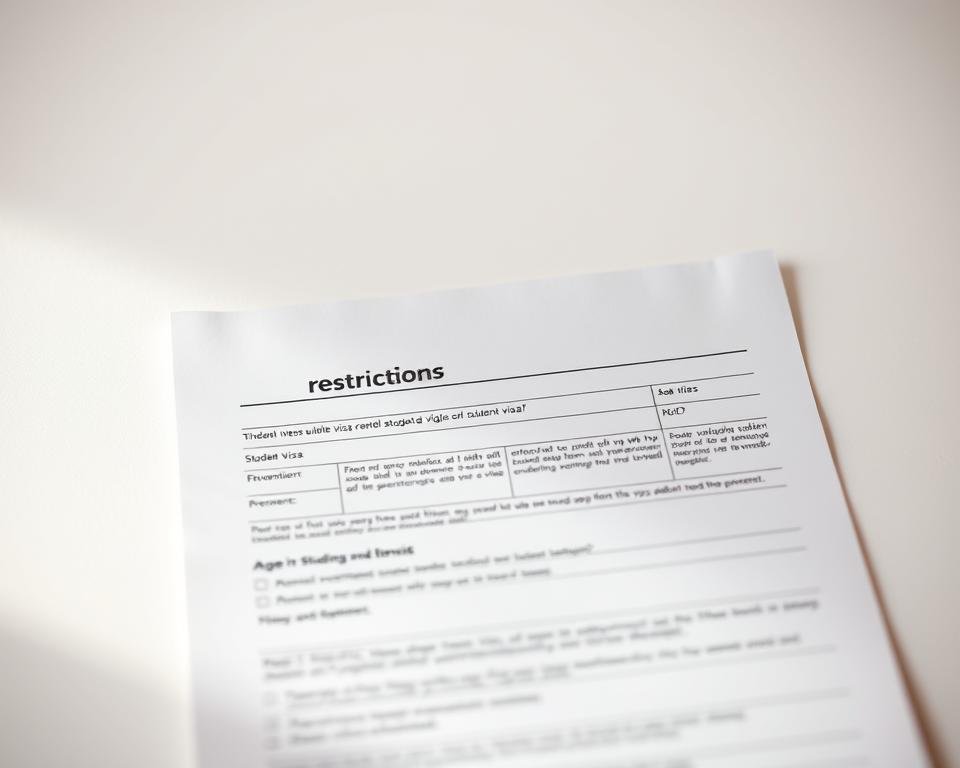 A softly lit, high-resolution image of a student visa renewal application form, set against a clean, minimalist background. The form is the focal point, with crisp, legible details highlighting the 'age restrictions' section. The lighting creates a warm, professional atmosphere, drawing the viewer's attention to the important information. The image conveys a sense of official documentation, yet remains approachable and easy to understand, suitable for inclusion in an informative article about student visa renewal requirements in Canada.