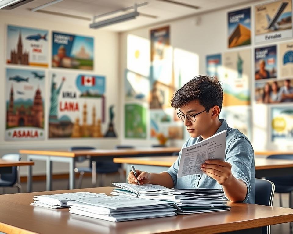 A spacious and well-lit classroom, the walls adorned with vibrant educational posters. In the foreground, a student sits at a desk, intently studying a stack of documents and forms, meticulously filling out the necessary paperwork for a student visa application. Surrounding them, a variety of iconic landmarks and architectural elements from various destinations, hinting at the diverse educational opportunities available. Soft, natural lighting filters in through large windows, creating a warm and inviting atmosphere. The scene conveys a sense of focus, determination, and the excitement of embarking on an international educational journey.