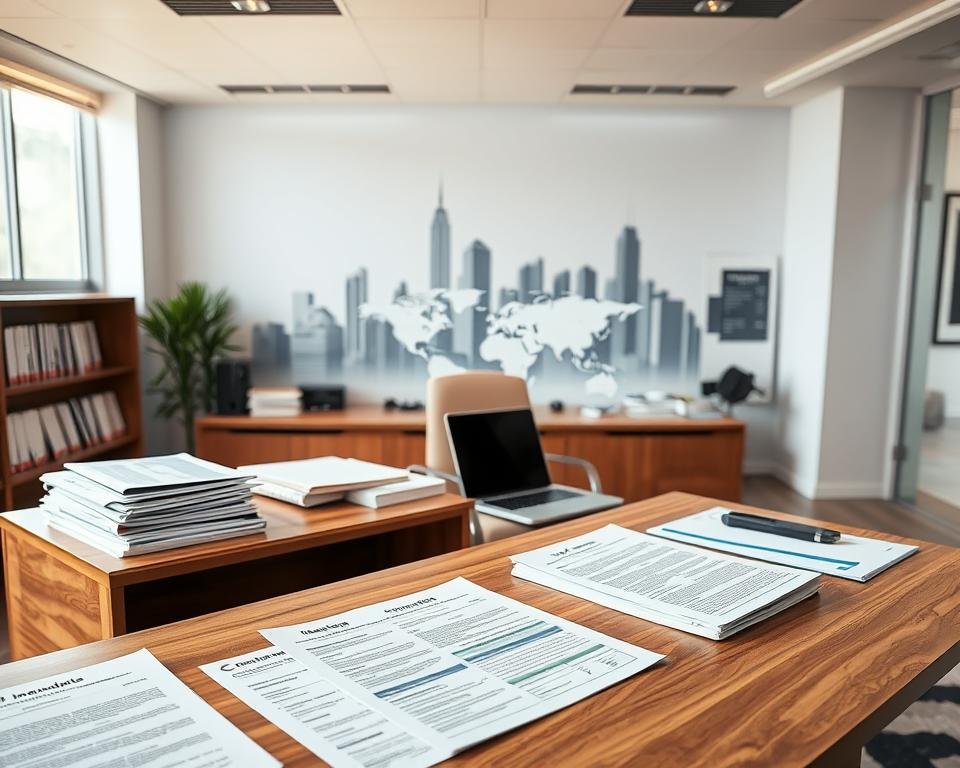 A spacious and well-lit office setting, with a large wooden desk in the foreground. On the desk, various documents, folders, and a laptop display details about the H-1B visa program, with a focus on the information relevant to international students. The middle ground features a stylized world map, highlighting the United States, to convey the global context. The background showcases a modern city skyline, suggesting the professional and cosmopolitan nature of the work environment. The lighting is soft and natural, creating a warm and inviting atmosphere. The overall composition evokes a sense of authority, expertise, and helpful guidance regarding the H-1B visa process.
