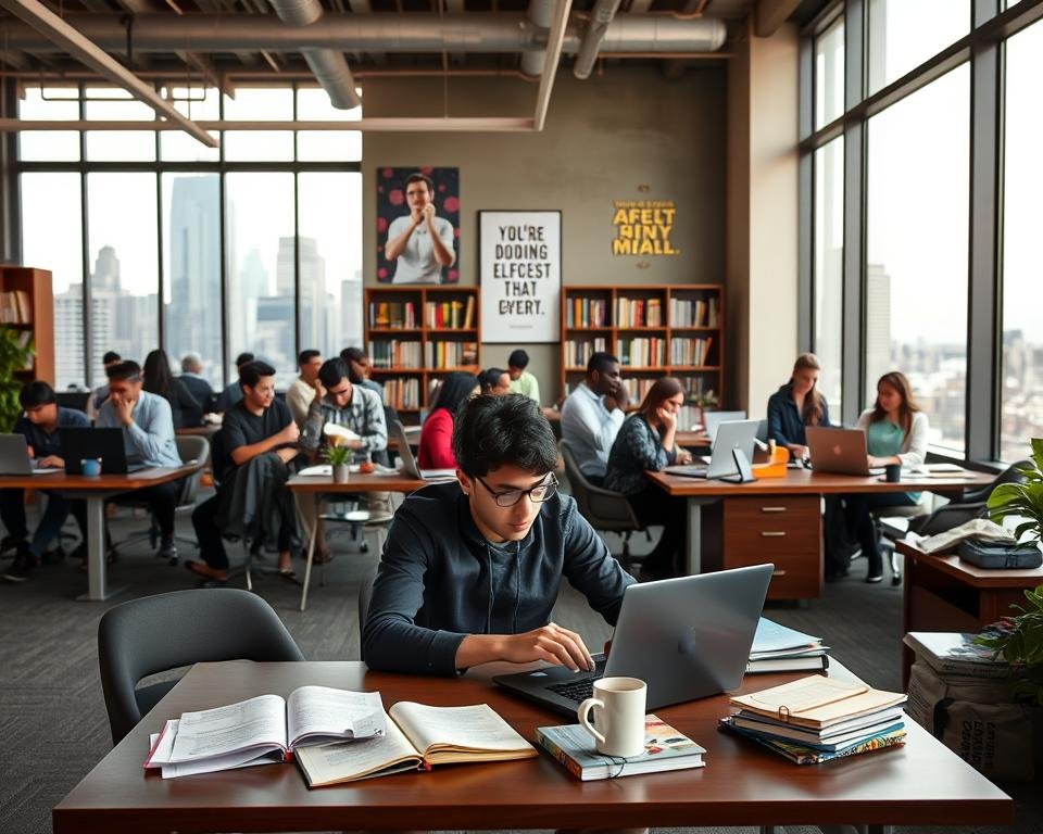 A spacious office interior with a large window overlooking a bustling city skyline. In the foreground, a student sits at a desk, intently studying while intermittently glancing at a laptop screen. On the desk, textbooks, notebooks, and a cup of coffee suggest a balanced approach to pursuing both academic and professional goals. In the middle ground, other students are engaged in various tasks - some typing on laptops, others discussing project ideas, and a few taking phone calls. The background is filled with shelves of reference materials and motivational artwork, creating a vibrant, yet focused atmosphere conducive to productivity and self-improvement. Soft, directional lighting from the window casts a warm, inviting glow over the scene, emphasizing the sense of purpose and determination.