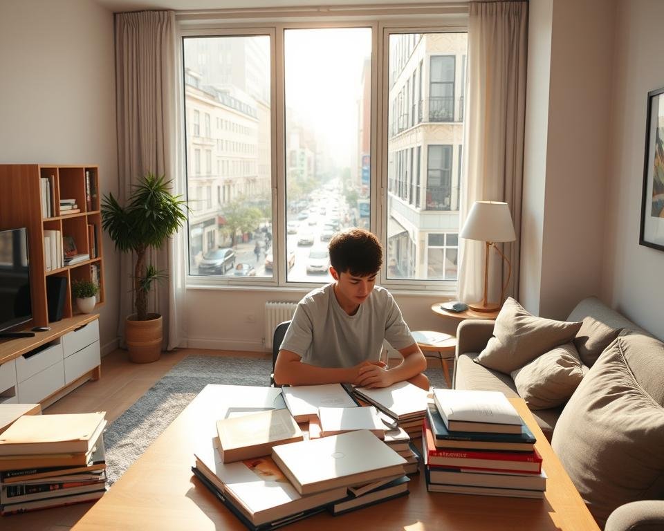 A spacious, sunlit apartment interior with a welcoming, cozy atmosphere. In the foreground, a student sits at a desk, surrounded by textbooks and a laptop, deep in concentration. In the middle ground, a window overlooks a bustling city street, with pedestrians and vehicles passing by, conveying the vibrant urban setting. The background features tasteful, minimalist furnishings and decor, hinting at the student's budget-conscious approach to finding accommodation. Warm, natural lighting filters in, creating a sense of comfort and productivity. The overall scene aims to capture the student's efforts to balance affordability and quality of life in their living space.