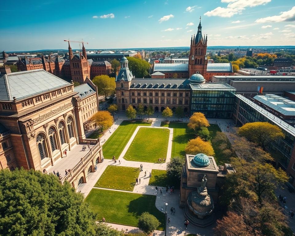 A sprawling campus set against a backdrop of stately Gothic architecture, the air buzzing with the energy of ambitious students. In the foreground, a grand library building, its façade adorned with intricate stone carvings. At the center, a lush, verdant quad where young scholars stroll, deep in contemplation. Surrounding the main buildings, a network of modern research facilities, their gleaming glass and steel facades reflecting the clear blue sky. The lighting is soft and warm, casting a gentle glow over the entire scene, conveying a sense of intellectual rigor and scholarly excellence. This is the image of Germany's best universities for scholarships, institutions that nurture the brightest minds and open doors to a world of opportunity.