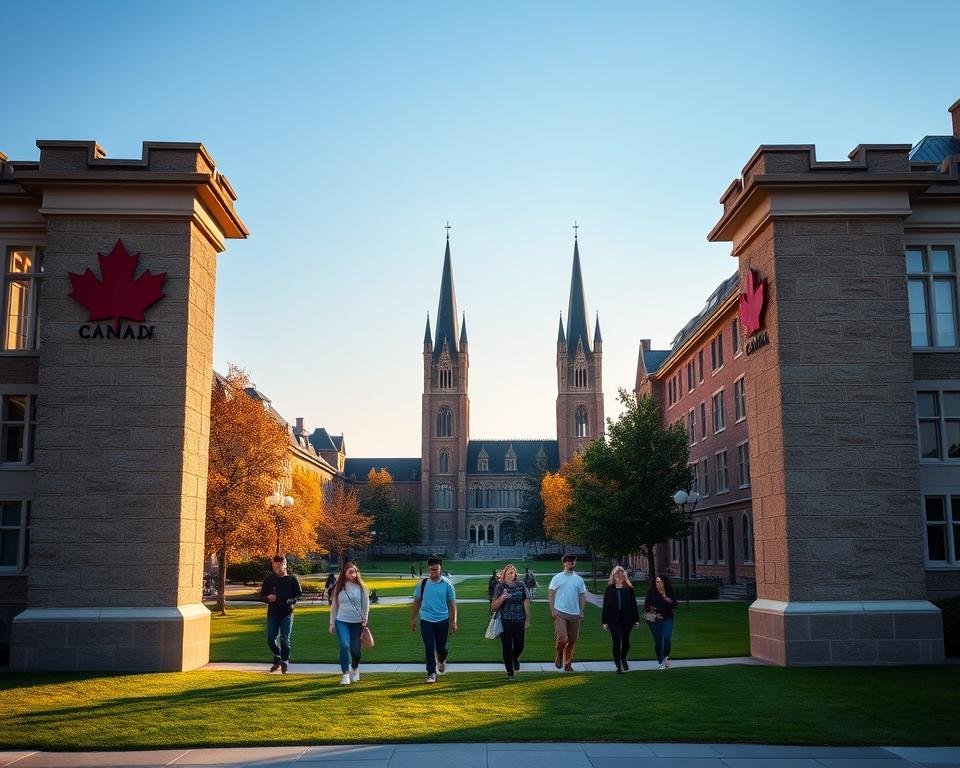 A sprawling university campus against a clear blue sky, the foreground featuring an ornate stone archway adorned with the maple leaf emblem, symbolizing the prestige and national pride of Canadian higher education. In the middle ground, students in casual attire navigate lush green lawns, discussing course requirements and deadlines, while in the background, impressive neo-gothic towers and lecture halls stand tall, conveying the rigorous academic standards. The scene is bathed in warm, golden sunlight, creating a sense of welcoming and opportunity, reflecting the inclusive nature of Canada's university admission criteria.