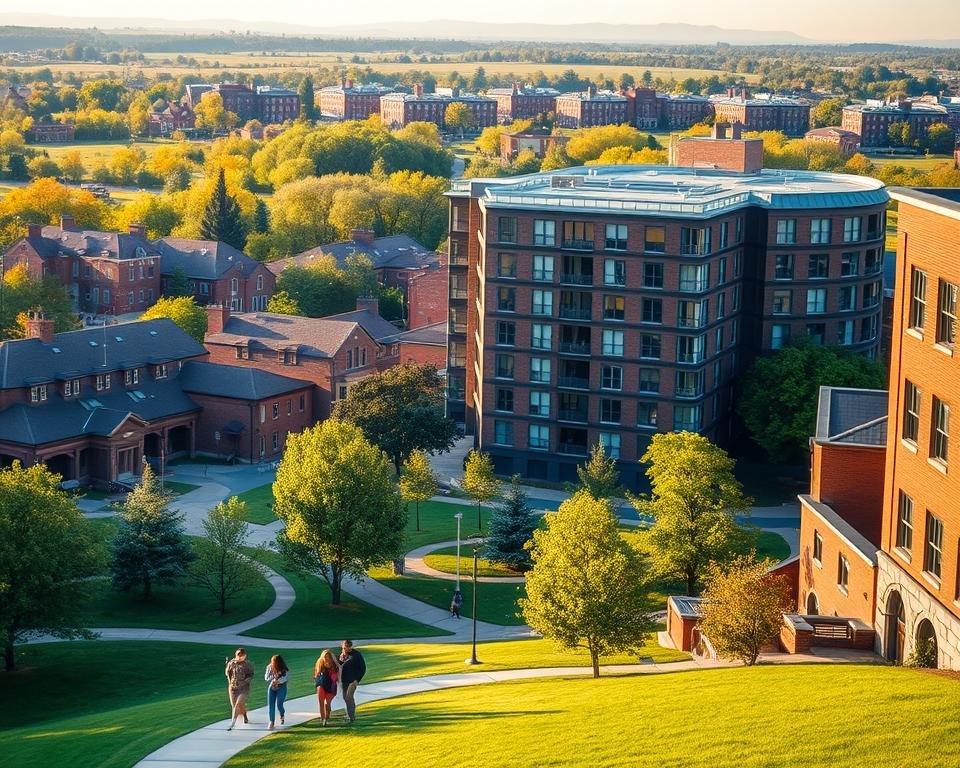 A sprawling university campus, its red-brick buildings and lush greenery bathed in the warm glow of the afternoon sun. In the foreground, a group of students casually stroll along a winding path, engaged in lively conversation. The middle ground features a modern, multi-story residence hall, its sleek glass facade and clean lines contrasting with the traditional architecture. In the background, a cluster of similar student housing units dot the landscape, their windows reflecting the vibrant campus life within. The scene conveys a sense of community, comfort, and the promise of an enriching university experience.