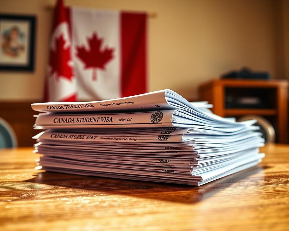 A stack of official-looking documents sits on a wooden desk, illuminated by warm, natural lighting. The papers feature government seals, stamps, and headers denoting "Canada Student Visa" and "Study Permit". Neatly organized, the documents convey a sense of importance and formality associated with the visa application process. In the background, a Canadian flag hangs on the wall, reinforcing the national context. The overall atmosphere is professional and authoritative, highlighting the official nature of the student visa requirements.