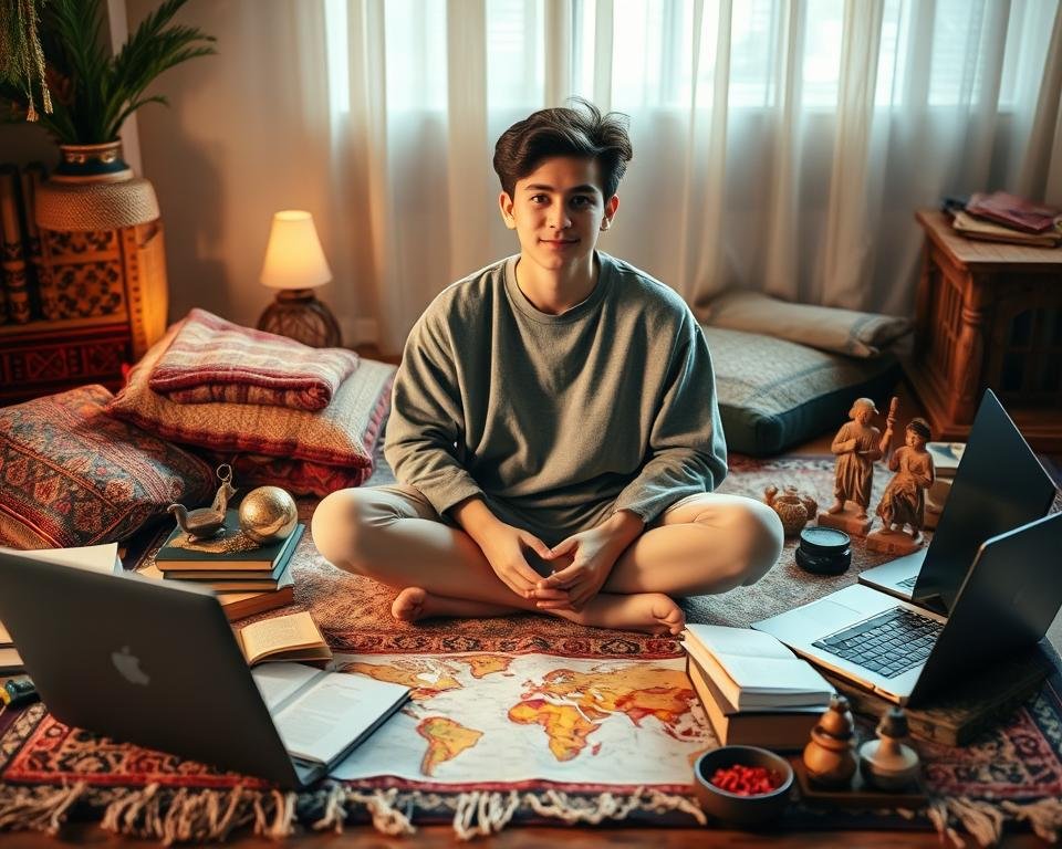 A student sits cross-legged on a plush rug, surrounded by open books, laptops, and cultural artifacts like colorful textiles, carved figurines, and fragrant spices. Warm, diffused lighting casts a gentle glow, creating an atmosphere of contemplation and discovery. In the middle ground, a world map or globe hints at the cultural diversity they are preparing to immerse themselves in. The background is softly blurred, suggesting the vastness of the journey ahead, both physically and culturally. The student's expression is one of focused concentration, a mix of excitement and apprehension as they navigate the nuances of a new environment.