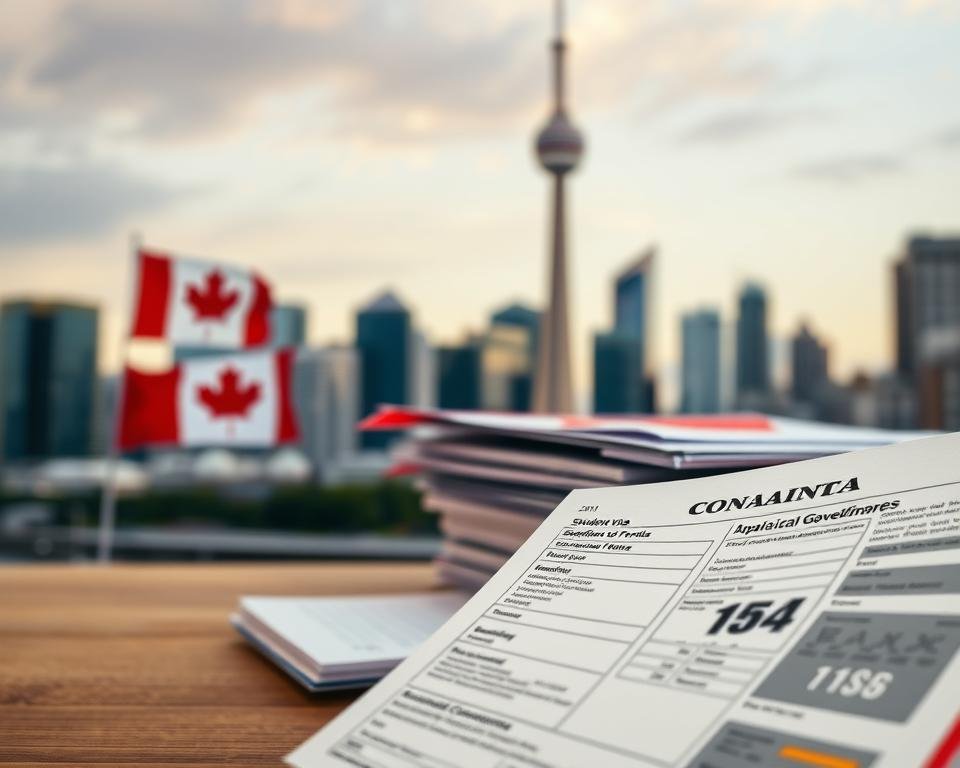 A student visa application form floating in the foreground, filled out with details like personal information, educational qualifications, and financial documents. In the middle ground, a stack of official government forms and a Canadian flag, symbolizing the bureaucratic process. The background features a cityscape of Toronto's skyline, with the CN Tower standing tall, representing the destination country. The lighting is soft and warm, conveying a sense of professionalism and authority. The overall mood is one of careful preparation and anticipation, as the student navigates the requirements to study in Canada.