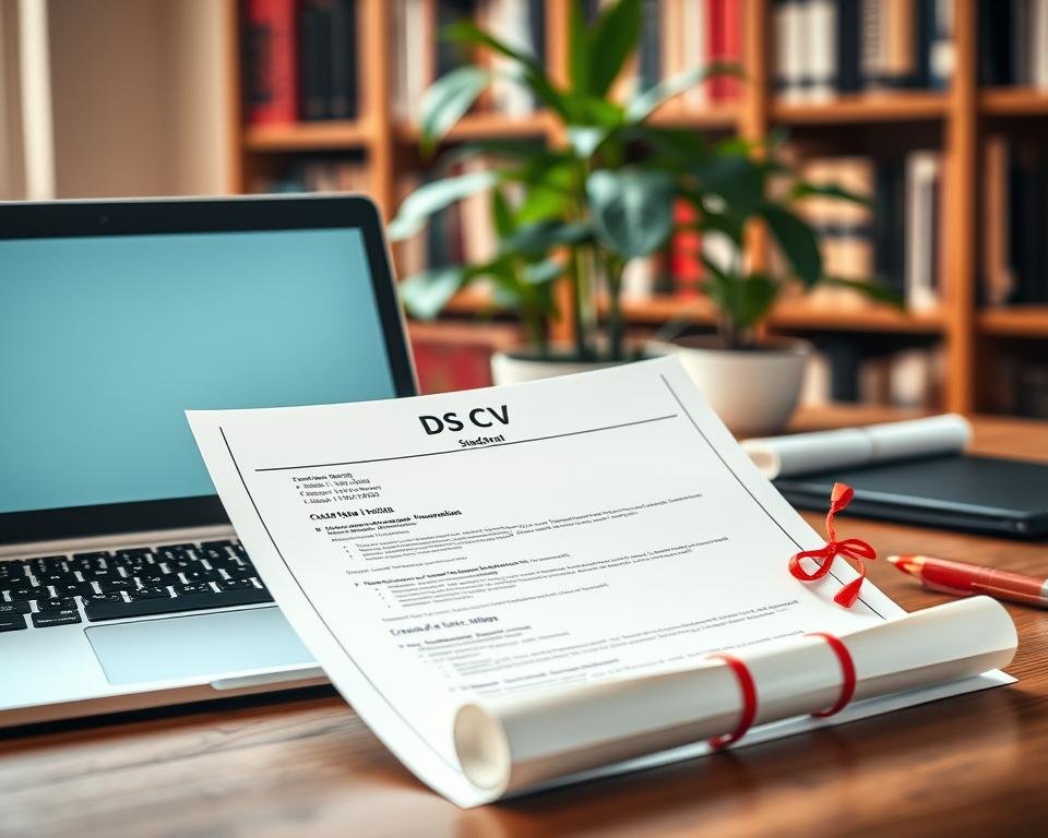 A study desk with a student's CV, diploma, and laptop, illuminated by soft, warm lighting. The CV is highlighted, drawing the viewer's attention to its importance. In the background, a bookshelf and plants create a scholarly atmosphere, emphasizing the academic context. The image conveys the significance of a well-crafted student CV as a key element in the job search process.