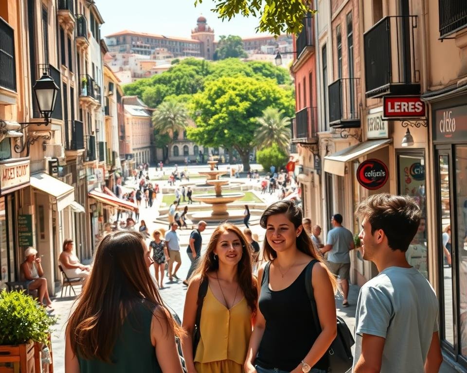 A sun-dappled street in a vibrant Spanish city, lined with quaint cafes, boutiques, and small businesses. In the foreground, a group of young adults discussing potential part-time job opportunities, their expressions animated and engaged. The middle ground reveals a mix of traditional and modern architecture, with a mix of local residents and tourists strolling along the sidewalks. In the background, a lush plaza with a central fountain, surrounded by lively activity and the warm glow of afternoon light. The scene conveys a sense of possibility, community, and the unique blend of old and new that characterizes the Spanish experience.